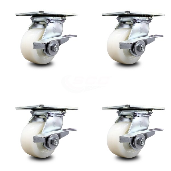 4 Inch Heavy Duty Nylon Caster Set with Roller Bearings and Brakes SCC